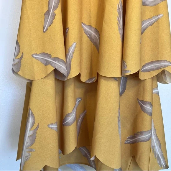 Karen Zambos KZ Feather Print Scalloped Dress Mustard Yellow Boho Size XS - Picture 4 of 10